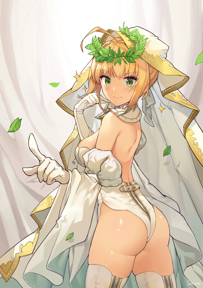 ahoge ass blonde_hair blush breasts commentary_request detached_sleeves fate/extra fate/extra_ccc fate/grand_order fate_(series) gloves green_eyes highres jehyun large_breasts leaf looking_at_viewer looking_back nero_claudius_(bride)_(fate) nero_claudius_(fate)_(all) pointing pointing_at_viewer smile solo sparkle thighhighs thighs veil white_gloves white_legwear white_sleeves zipper