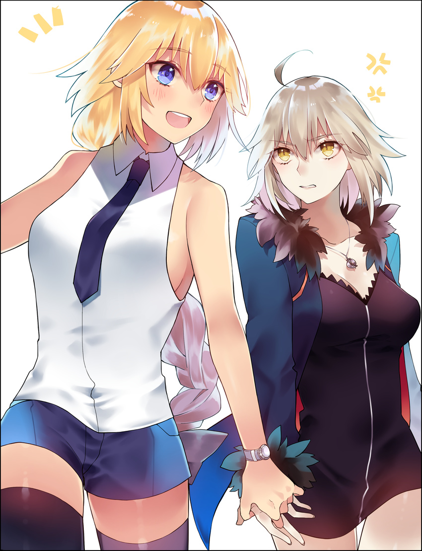 2girls :d ahoge anger_vein angry bad_id bad_pixiv_id bare_shoulders black_border black_dress black_legwear blue_eyes blue_jacket blue_neckwear blue_shorts blush border braid breasts casual cleavage clenched_teeth collared_shirt contemporary cowboy_shot dress fate/apocrypha fate/grand_order fate_(series) feather-trimmed_sleeves feather_trim highres ichinosenen jacket jeanne_d'arc_(alter)_(fate) jeanne_d'arc_(fate) jeanne_d'arc_(fate)_(all) jewelry large_breasts light_brown_hair long_hair long_sleeves medium_breasts multicolored_hair multiple_girls necklace necktie open_clothes open_jacket open_mouth parted_lips pendant pink_hair purple_legwear round_teeth shiny shiny_skin shirt short_dress short_shorts shorts sideboob simple_background single_braid sleeveless sleeveless_shirt smile tareme teeth thigh_gap thighhighs tsurime two-tone_hair very_long_hair watch white_background white_shirt wicked_dragon_witch_ver._shinjuku_1999 wing_collar wristwatch yellow_eyes