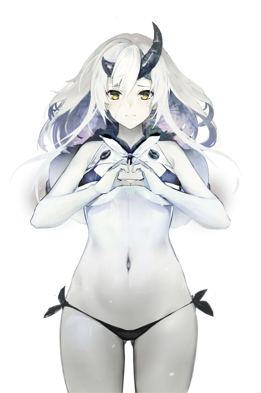 absurdres ass_visible_through_thighs asymmetrical_horns bikini bikini_pull black_bikini breasts covered_nipples cowboy_shot ganida_boushoku hair_between_eyes hand_on_own_chest heart heart_hands heavy_cruiser_hime highres hood hoodie horns kantai_collection long_hair looking_at_viewer medium_breasts navel shinkaisei-kan side-tie_bikini simple_background sketch skirt solo string_bikini swimsuit thigh_gap underboob white_background white_hair white_skin yellow_eyes