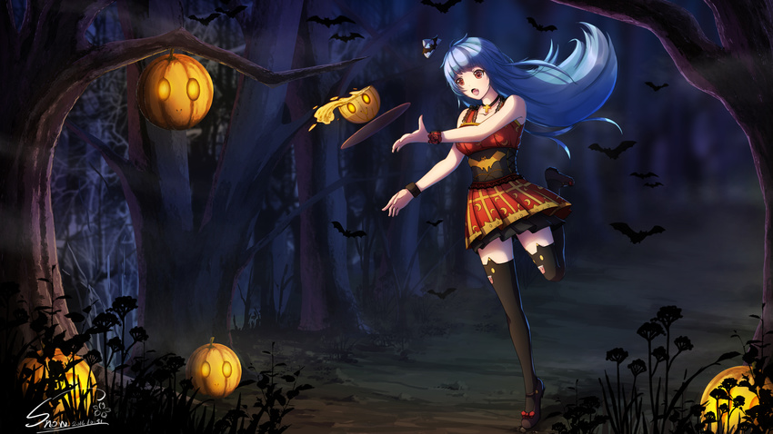 absurdres bad_id bad_pixiv_id bare_shoulders bat black_footwear black_legwear blue_hair bow bracelet collarbone crescent_print cross cross_necklace dress fang floating_hair flower forest halloween hat herb highres jack-o'-lantern jewelry lamp lantern leg_up light long_hair mary_janes mini_hat name_tag nature necklace night open_mouth outdoors outstretched_arm pumpkin quincy_(zhan_jian_shao_nyu) red_bow red_dress red_eyes running shoes signature sleeveless sleeveless_dress snow_(676528662) solo thighhighs tray tree wristband zettai_ryouiki zhan_jian_shao_nyu