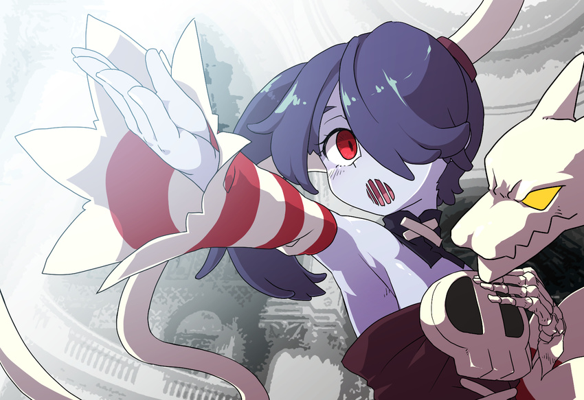 akaino_(akaomi) armpits bare_shoulders blue_skin bone breasts detached_collar detached_sleeves eyelashes fingernails hair_over_one_eye highres leviathan_(skullgirls) long_sleeves music open_mouth outstretched_arm purple_hair red_eyes side_ponytail singing skeletal_arm skull skullgirls solo squigly_(skullgirls) striped tongue turtleneck upper_body wide_sleeves zombie