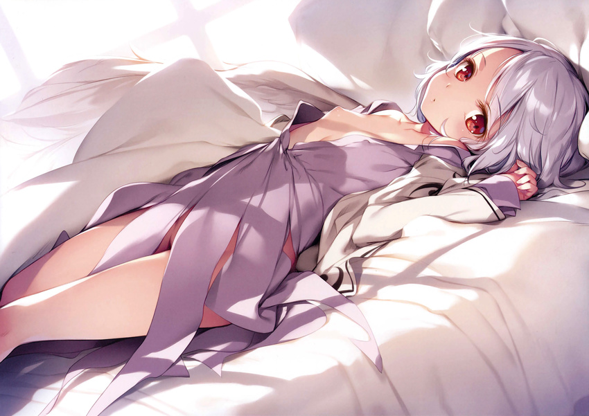 absurdres bangs bed bed_sheet blush breasts day dress dutch_angle eyebrows_visible_through_hair highres indoors jacket ke-ta kishin_sagume looking_at_viewer looking_to_the_side lying nipples no_bra no_panties on_back on_bed one_breast_out open_clothes open_dress open_jacket pillow purple_dress red_eyes scan short_dress short_hair silver_hair sleeping small_breasts solo sunlight swept_bangs tareme thighs touhou white_jacket