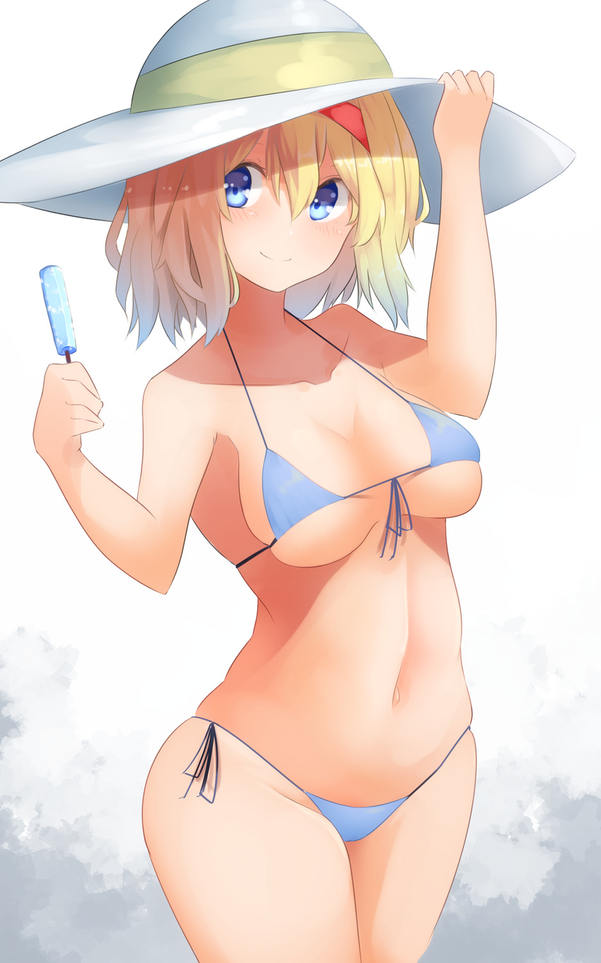 absurdres alice_margatroid arm_up bad_id bad_pixiv_id bangs bikini blonde_hair blue_bikini blue_eyes blush breasts breasts_apart closed_mouth collarbone commentary_request food front-tie_bikini front-tie_top hair_between_eyes hairband hand_on_headwear hat highres holding holding_food looking_at_viewer medium_breasts navel popsicle red_hairband short_hair side-tie_bikini simple_background skindentation smile solo stomach string_bikini sun_hat swimsuit tareme touhou underboob white_background white_hat yusake_san