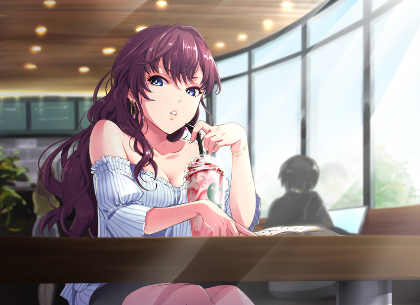 bangs bare_shoulders black_skirt blouse blue_eyes blurry blurry_background book bracelet breasts cafe cleavage collarbone computer drinking_straw ear_piercing earrings eyebrows_visible_through_hair eyelashes frilled_blouse from_below gem hair_between_eyes highres ichinose_shiki idolmaster idolmaster_cinderella_girls indoors jewelry laptop lights long_hair looking_at_viewer looking_out_window medium_breasts menu_board miniskirt null_(chronix) parted_lips piercing plant purple_hair sitting skirt smoothie solo_focus stone_wall striped_blouse table wall wavy_hair window wooden_ceiling