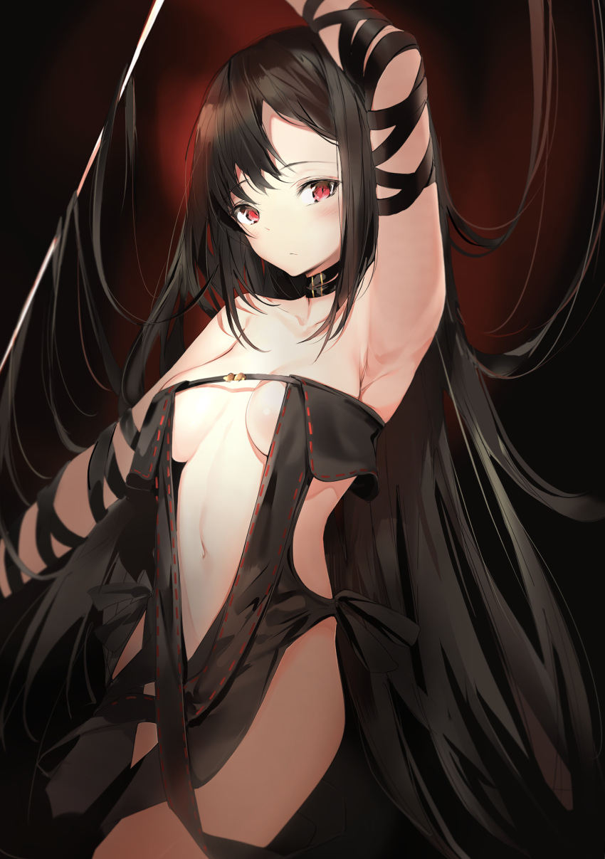 1girl absurdres arm_ribbon arm_up armpits bangs bare_shoulders black_dress black_hair black_ribbon blush breasts closed_mouth collarbone commentary_request consort_yu_(fate) consort_yu_(fate/grand_order) dress eyebrows_visible_through_hair fate/grand_order fate_(series) hair_between_eyes head_tilt highres long_hair medium_breasts navel no_bra nopan red_eyes revealing_clothes revision ribbon ribbon-trimmed_dress ribbon_trim silver_(chenwen) solo strapless strapless_dress very_long_hair