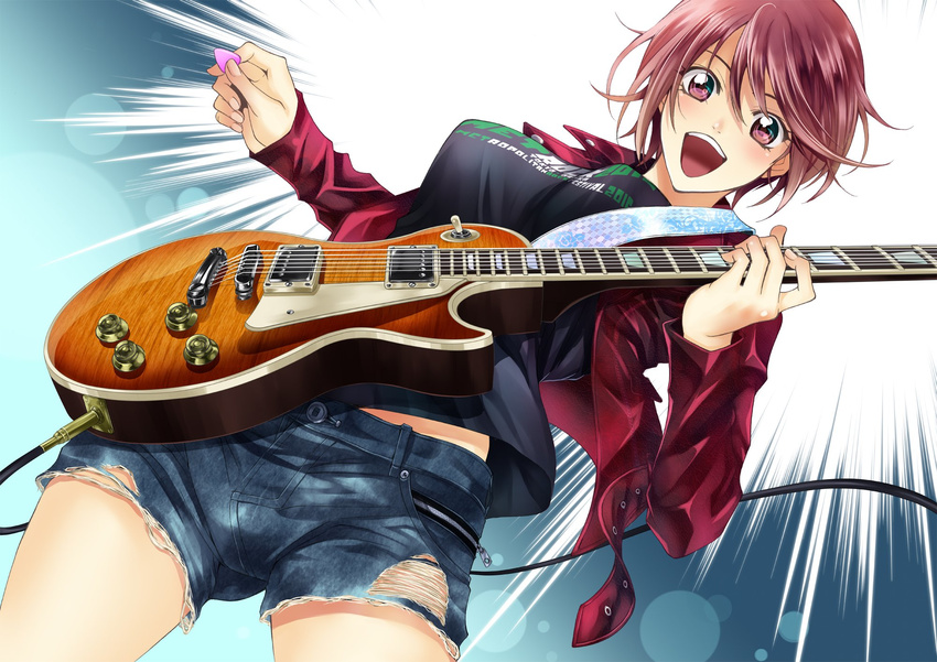 :d alternate_hair_color aoi_fuuka black_shirt blue_shorts breasts brown_eyes brown_hair denim denim_shorts from_below fuuka guitar highres holding holding_instrument instrument jacket lens_flare looking_at_viewer looking_down medium_breasts open_clothes open_jacket open_mouth red_jacket seo_kouji shirt short_hair short_shorts shorts smile solo torn_clothes torn_shorts
