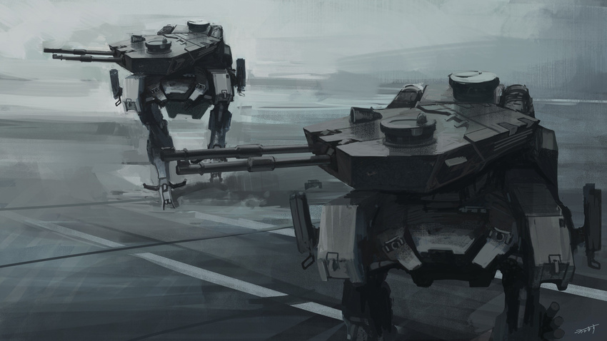 gun highres karamas machinery mecha mechanical military no_humans original outdoors realistic robot science_fiction signature walker weapon