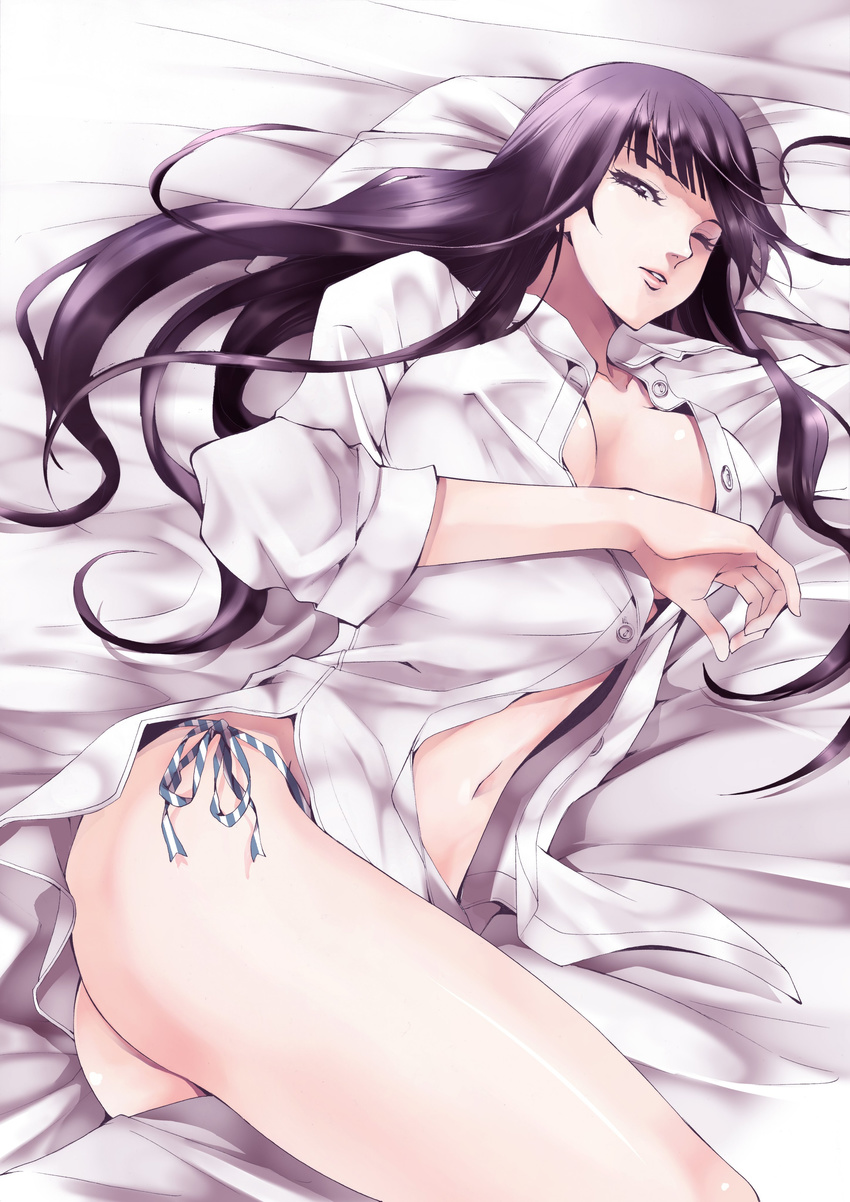 absurdres ass bed_sheet black_eyes black_hair breasts cleavage collarbone covered_nipples dress_shirt from_above fuuka highres iwami_sara large_breasts long_hair looking_at_viewer lying on_side one_eye_closed open_clothes open_shirt panties parted_lips pillow seo_kouji shiny shiny_skin shirt side-tie_panties solo striped striped_panties underwear very_long_hair white_shirt