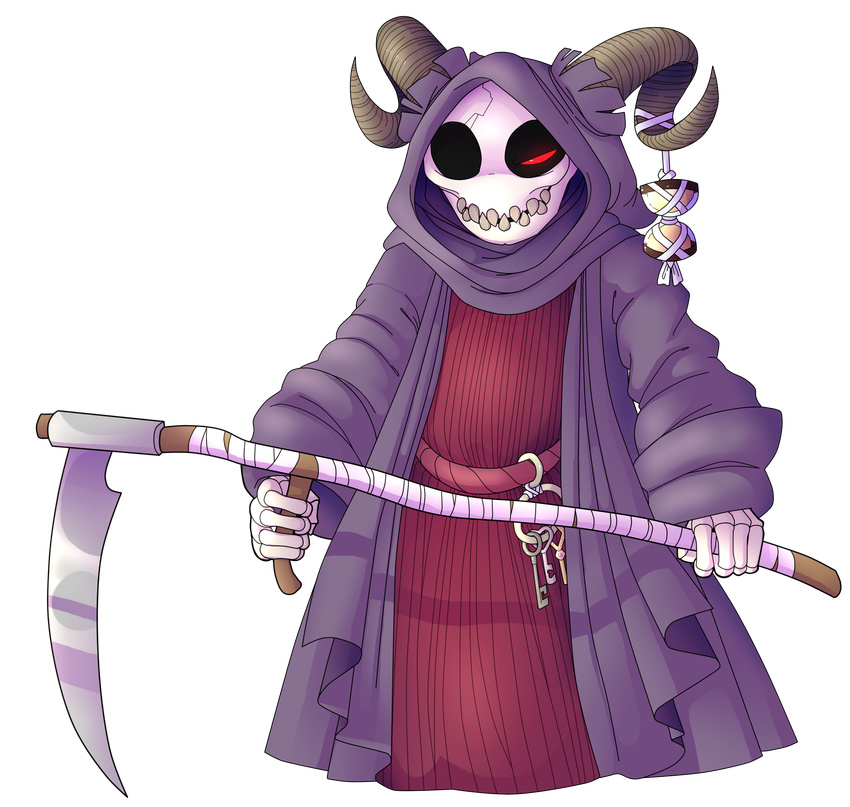ambiguous_gender animated_skeleton anthro bone clothed clothing halgalaz horn hourglass melee_weapon polearm red_eyes robe scythe skeleton solo spiral_horn tanghor undead weapon