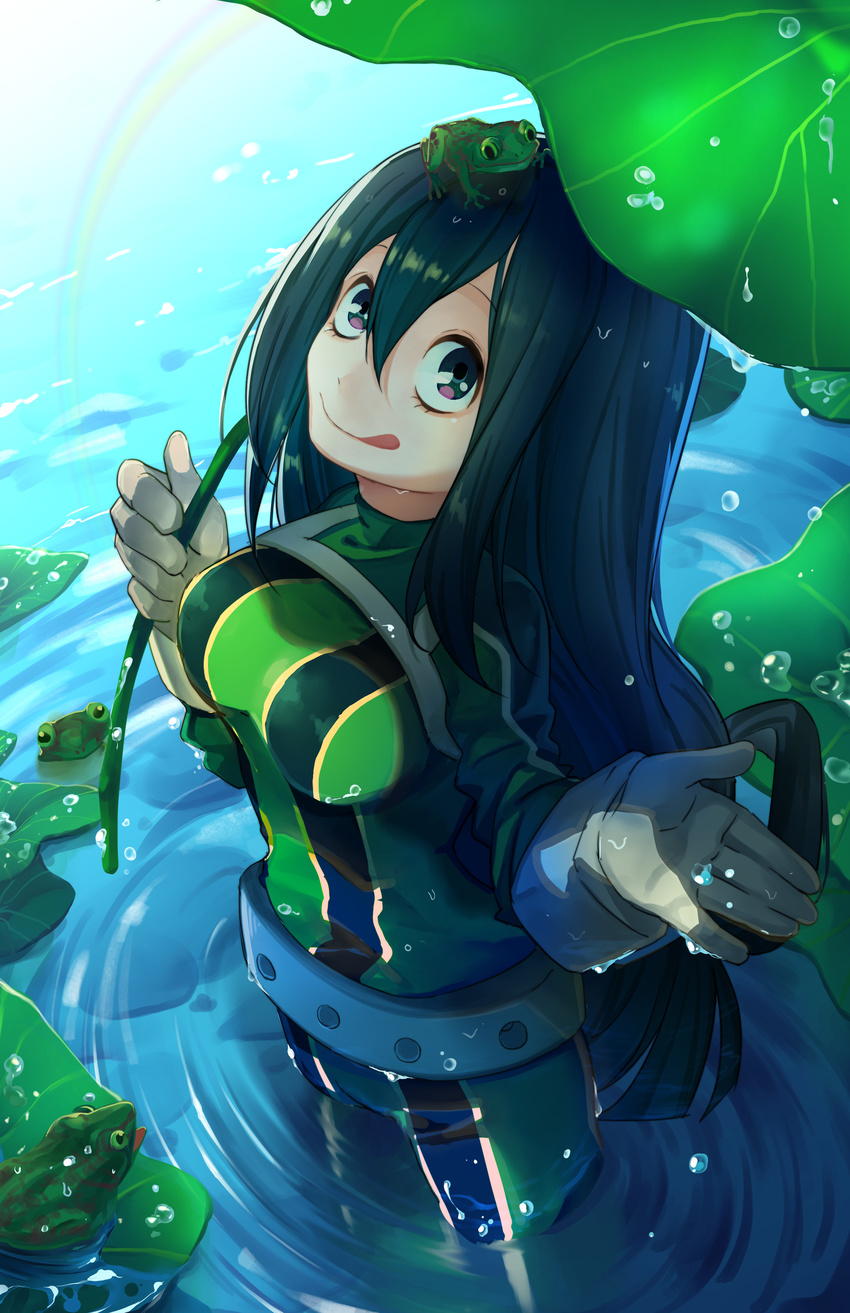 :q absurdres animal animal_on_head asui_tsuyu belt black_eyes black_hair bodysuit boku_no_hero_academia breasts closed_mouth commentary frog frog_on_head from_above gloves green_bodysuit green_eyes hair_between_eyes hair_rings highres holding leaf leaf_umbrella lily_pad long_hair looking_at_viewer looking_up low-tied_long_hair luo_jie medium_breasts on_head partially_submerged purple_eyes rainbow revision ripples smile solo tongue tongue_out wading water wet wet_clothes wet_hair white_gloves