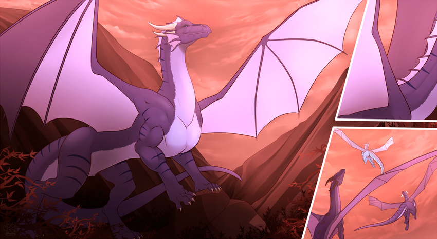 2017 all_fours anthro arm_support blue_eyes blue_stripes claws cloud comic detailed_background dragon fasttrack37d flying front_view group horn long_neck long_tail looking_up male male/male membranous_wings mountain multicolored_skin nude pose purple_skin purple_tail reptile scales scalie sky smile snout spread_wings standing striped_tail stripes toe_claws transformation white_horn white_scales white_skin white_tail wings