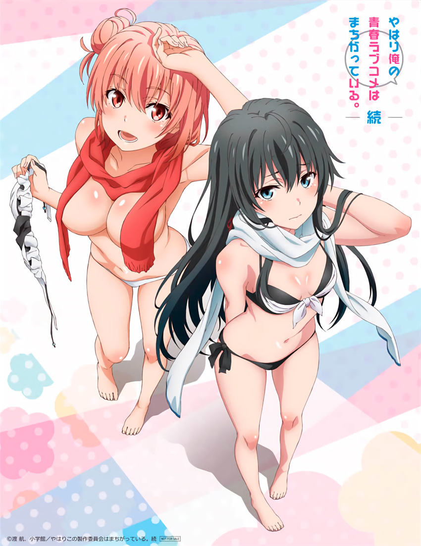 barefoot bikini bikini_top_removed black_bikini black_hair blue_eyes blush breasts cleavage copyright_name hair_bun highres holding_bikini_top large_breasts long_hair looking_at_viewer medium_breasts multiple_girls navel official_art pink_hair red_scarf resized scarf shiny shiny_skin short_hair side-tie_bikini swimsuit tanaka_yuuichi topless upscaled waifu2x white_bikini white_scarf yahari_ore_no_seishun_lovecome_wa_machigatteiru. yuigahama_yui yukinoshita_yukino