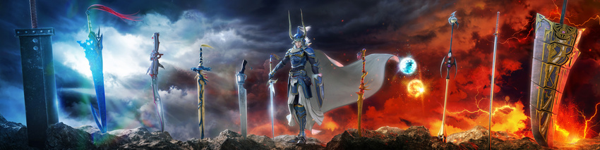 absurdres armor buster_sword cape cloud cloudy_sky dissidia_final_fantasy dissidia_final_fantasy_nt electricity embers energy_ball final_fantasy final_fantasy_i glowing gunblade helmet highres horned_helmet huge_weapon lens_flare long_image looking_at_viewer male_focus official_art planted_sword planted_weapon rock shield silver_hair sky solo square_enix staff sunlight sword warrior_of_light weapon wide_image