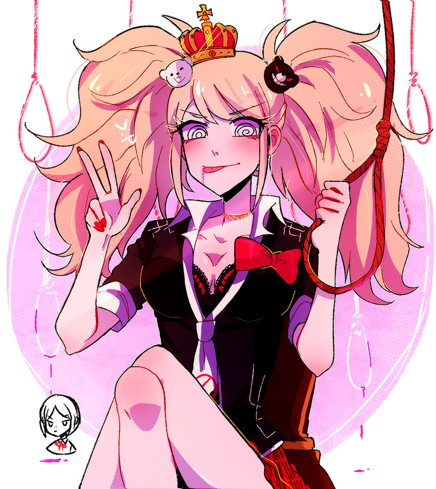 :p black_shirt blood bow breasts choker collar collarbone crossed_legs crown danganronpa despair enoshima_junko eyebrows_visible_through_hair eyelashes hair_ornament highres huyandere ikusaba_mukuro long_hair nail_polish necktie pink_blood pink_hair red_bow red_nails shirt skirt smile solo suicide tongue tongue_out twintails v v-shaped_eyebrows white_collar white_neckwear