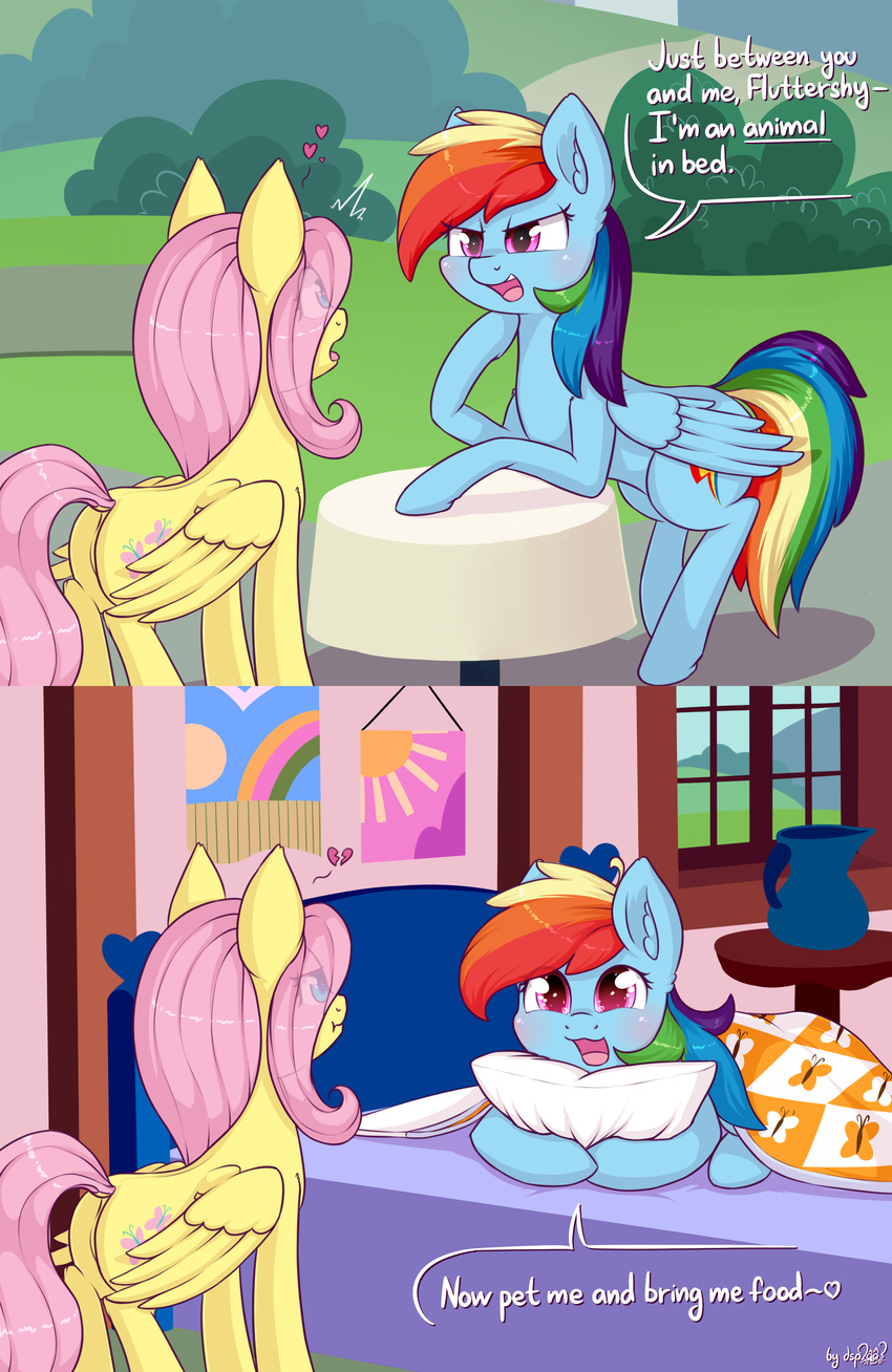 &lt;3 2017 bed comic cutie_mark day detailed_background dsp2003 duo english_text equine feathered_wings feathers female feral fluttershy_(mlp) friendship_is_magic hair mammal multicolored_hair my_little_pony pegasus pillow plant rainbow_dash_(mlp) rainbow_hair table text window wings