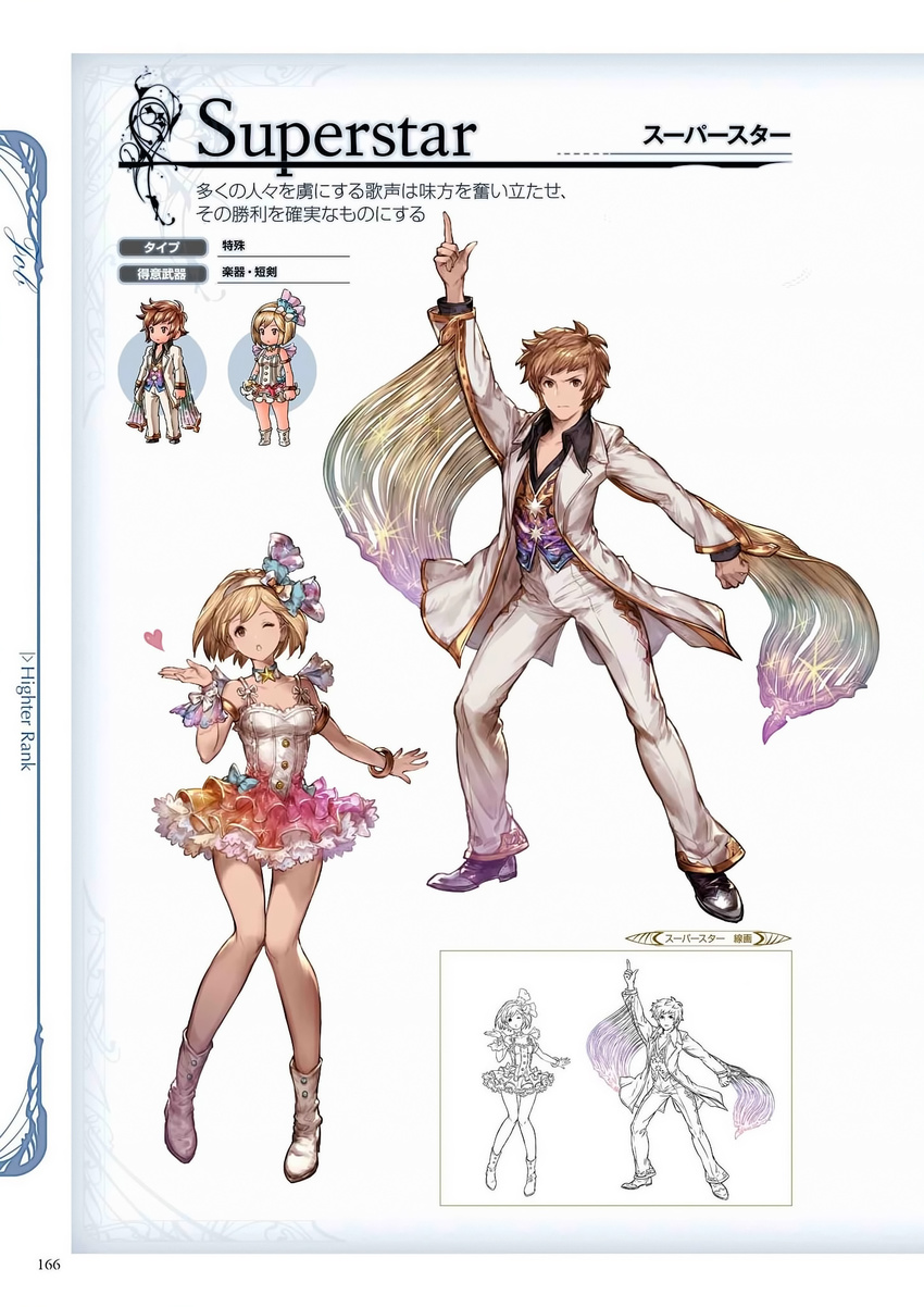 1girl arm_up armlet bangs bare_shoulders blonde_hair blown_kiss boots bracelet breasts brown_eyes brown_hair character_name chibi cleavage collarbone detached_collar djeeta_(granblue_fantasy) frills full_body gran_(granblue_fantasy) granblue_fantasy hair_ornament hairband heart highres jewelry lineart long_sleeves looking_at_viewer medium_breasts minaba_hideo miniskirt non-web_source official_art one_eye_closed pants pointing pointing_up saturday_night_fever scan serious shiny short_hair simple_background skirt sleeveless superstar_(granblue_fantasy) white_background