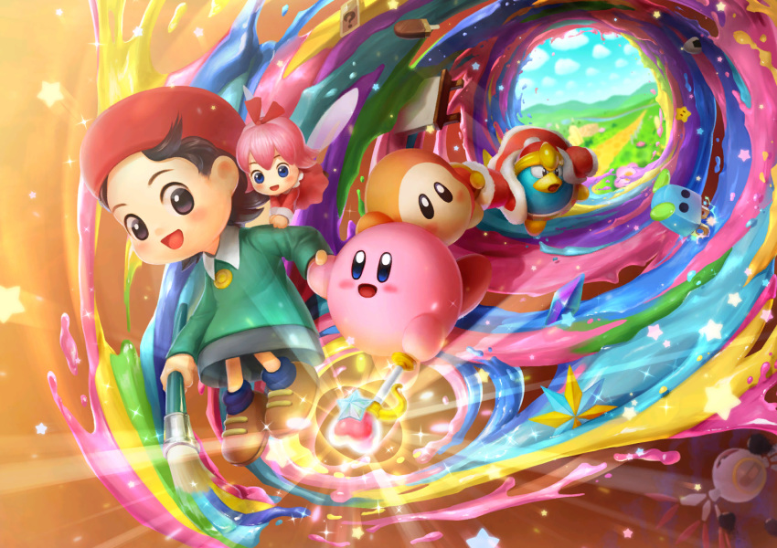 bandaid beak beret black_hair commentary crystal food glowing halo hat holding_hands king_dedede kirby kirby:_star_allies kirby_(series) kirby_64 official_art onigiri paint paintbrush pink_hair plugg_(kirby) popsicle ribbon_(kirby) road smile star waddle_dee wand wings zero_two_(kirby)