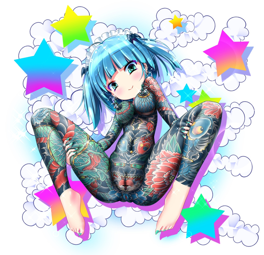 1girl anus blue_hair blush breasts full_body_tattoo green_eyes hair_ornament looking_at_viewer makeup navel_piercing nipple_piercing nipples nude piercing pussy seiji_(artist) shiny tattoo