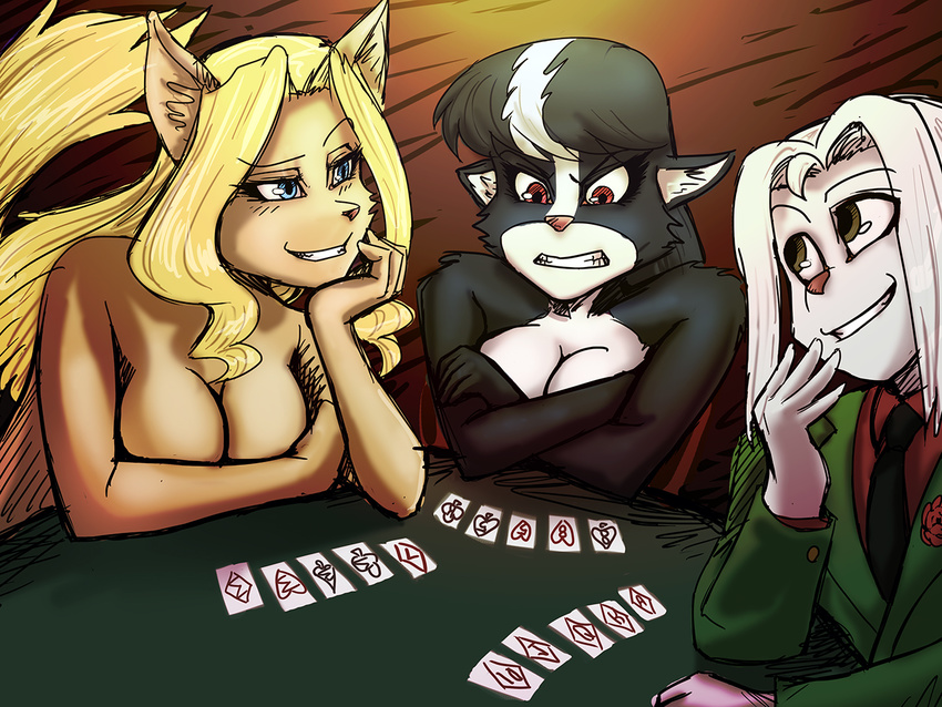 adler_young anthro black_fur black_hair blonde_hair blue_eyes breasts clothed clothing covering covering_breasts covering_self feline female fur general-irrelevant hair male mammal nude pink_nose skunk unknown_character white_hair zandar's_saga zandar_sk&ouml;nk