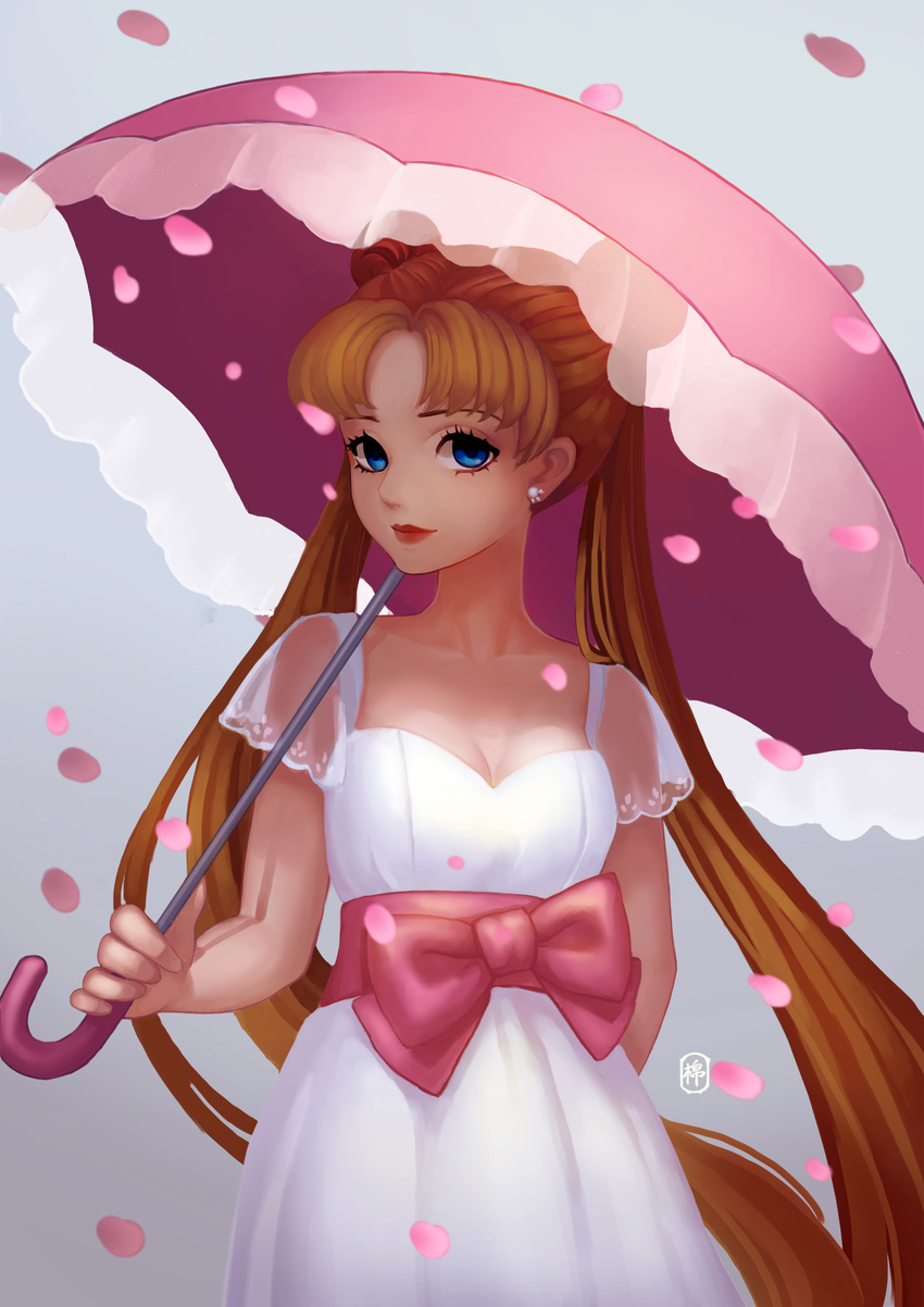 absurdres arm_behind_back bangs bishoujo_senshi_sailor_moon blue_eyes bow breasts cleavage closed_mouth double_bun dress earrings highres holding holding_umbrella jewelry large_bow lips lipstick long_hair looking_at_viewer makeup medium_breasts mian_mie pearl_earrings petals pink_bow pink_umbrella red_lipstick sash see-through short_sleeves smile solo tsukino_usagi twintails umbrella very_long_hair white_dress