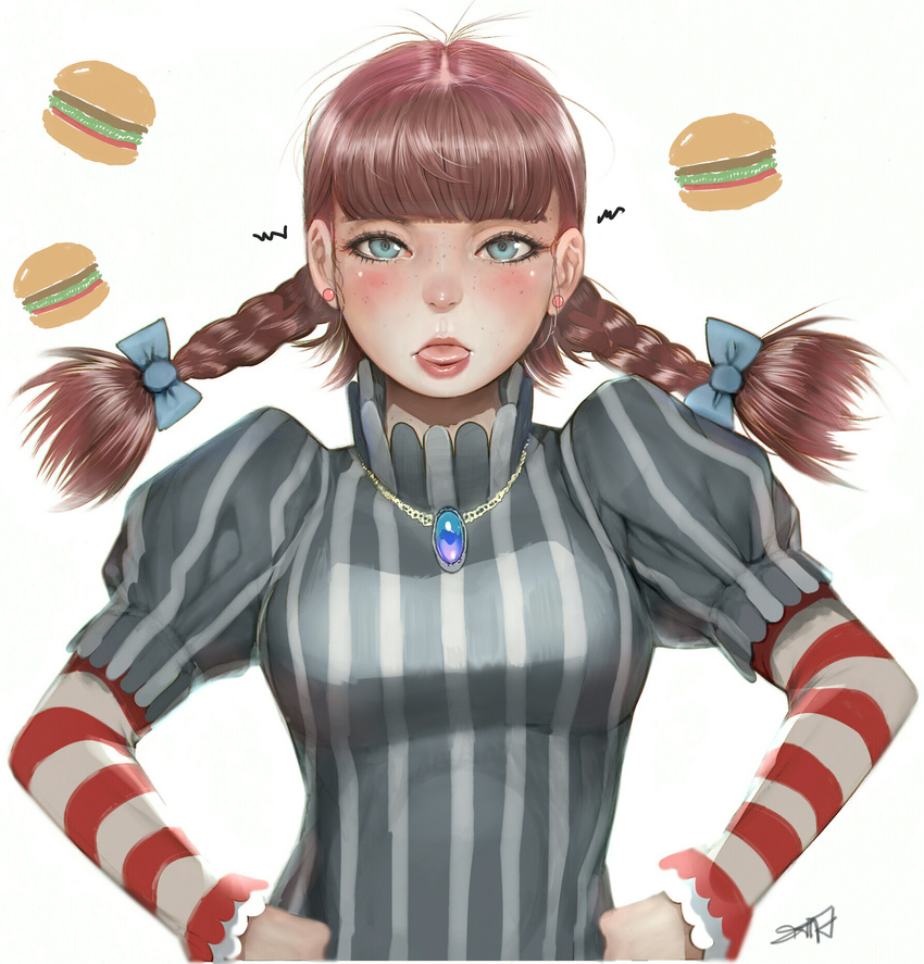 bangs blue_bow blue_eyes blunt_bangs blush bow braid breasts brown_hair earrings eyelashes food freckles gem gold hair_bow hamburger hands_on_hips highres jewelry juliet_sleeves long_hair long_sleeves looking_at_viewer medium_breasts necklace parted_lips puffy_sleeves randy_(awesomevillage) red_lips shirt short_over_long_sleeves short_sleeves signature simple_background solo squiggle striped striped_shirt striped_sleeves tongue tongue_out twin_braids twintails vertical_stripes wendy's wendy_(wendy's) white_background