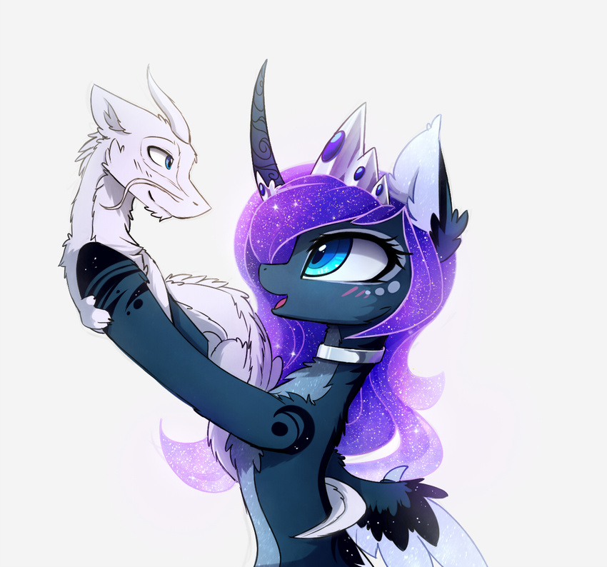 blue_eyes blue_fur claws cosmic_hair dragon duo eastern_dragon equine feathered_wings feathers female feral friendship_is_magic fur hooves horn magnaluna mammal my_little_pony open_mouth princess_luna_(mlp) simple_background smile white_background white_fur winged_unicorn wings