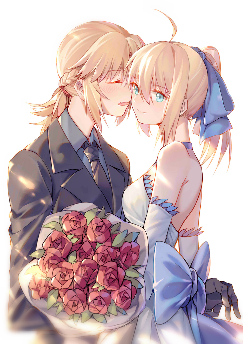 absurdres ahoge aqua_eyes artoria_pendragon_(all) bangs bare_shoulders black_neckwear blonde_hair blurry blush closed_eyes closed_mouth dress eyebrows_visible_through_hair fang fate/apocrypha fate/stay_night fate_(series) formal hair_between_eyes highres incest leaning_forward light_smile long_hair looking_at_viewer looking_back mordred_(fate) mordred_(fate)_(all) multiple_girls necktie open_mouth parted_bangs ponytail saber sidelocks smile suit tuxedo upper_body white_dress yorukun yuri