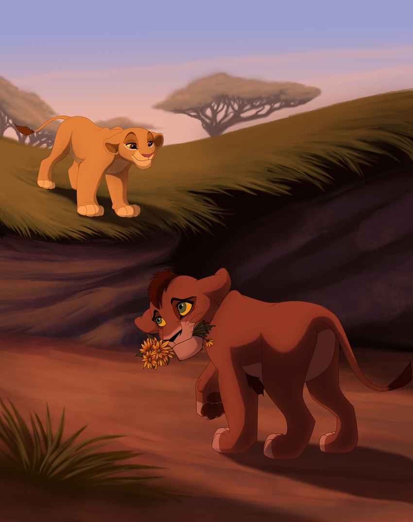 canon_couple cub detailed_background disney duo feline female feral flower kara-kiwi kiara kovu lion love male mammal outside plant romantic the_lion_king young