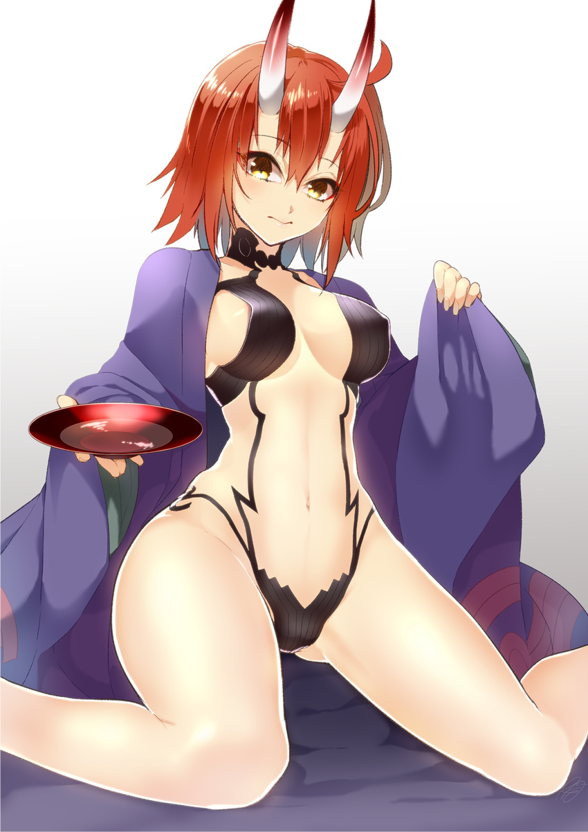 ahoge alcohol bangs bare_legs breasts closed_mouth collarbone commentary_request cosplay cup eyebrows eyebrows_visible_through_hair fate/grand_order fate_(series) fujimaru_ritsuka_(female) gradient gradient_background hair_between_eyes highres holding holding_clothes holding_cup horns japanese_clothes kimono looking_at_viewer medium_breasts navel oni oni_horns orange_hair revealing_clothes rkp sakazuki sake short_hair shuten_douji_(fate/grand_order) shuten_douji_(fate/grand_order)_(cosplay) sitting solo yellow_eyes