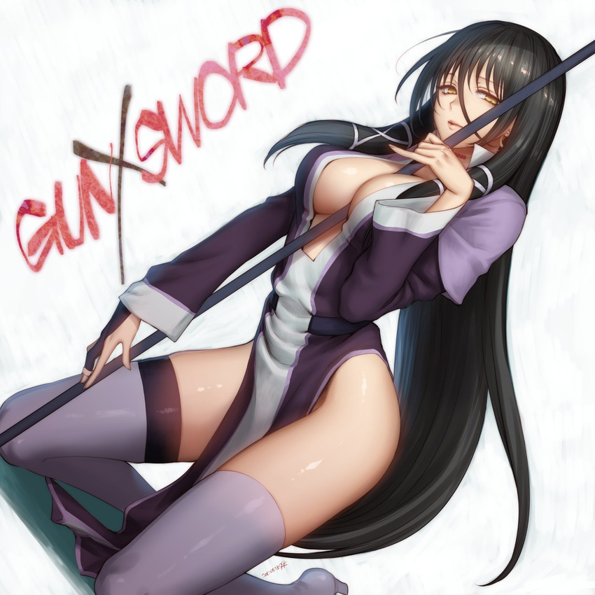 between_breasts black_hair boots breasts cleavage cleavage_cutout copyright_name fasalina gunxsword hair_between_eyes highres holding holding_staff large_breasts long_hair long_skirt looking_at_viewer sexually_suggestive shoukaki_(earthean) sidelocks simple_background skirt solo staff thigh_boots thigh_strap thighhighs yellow_eyes