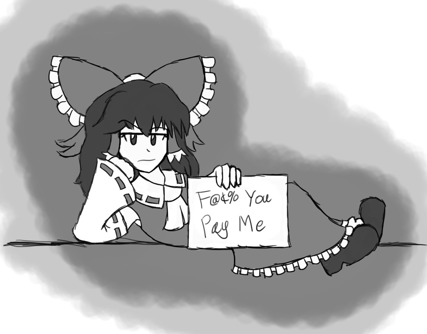 :/ annoyed censored_text commentary dabogon detached_sleeves english greyscale hakurei_reimu holding holding_sign jitome long_hair long_skirt looking_at_viewer lying monochrome on_side parody profanity ribbon-trimmed_sleeves ribbon_trim shoes sign skirt skirt_set solo touhou v-shaped_eyebrows vest wavy_hair