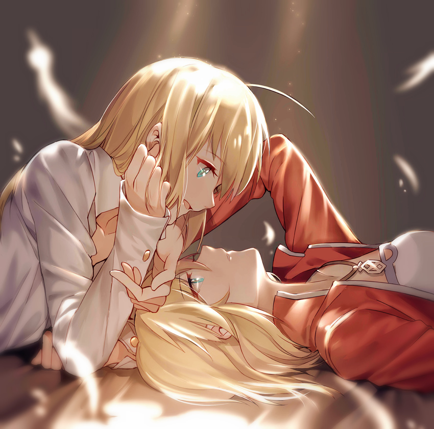 absurdres ahoge aqua_eyes arm_up artoria_pendragon_(all) bangs blonde_hair blurry chinese_commentary commentary_request depth_of_field eye_contact fate/apocrypha fate/stay_night fate_(series) feathers from_side hair_down highres incest jacket long_hair looking_at_another mordred_(fate) mordred_(fate)_(all) mother_and_daughter multiple_girls open_clothes open_jacket open_mouth parted_lips profile red_jacket saber sidelocks smile yorukun yuri