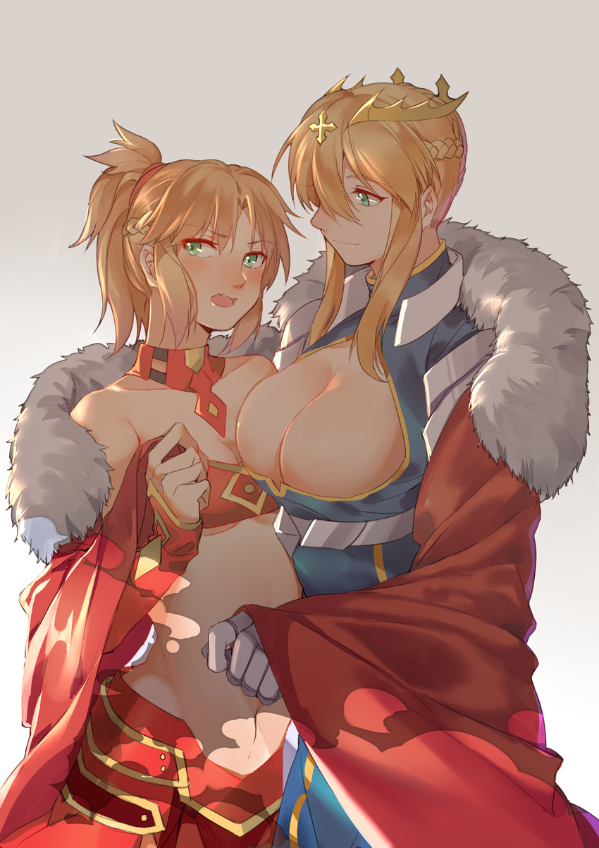 absurdres artoria_pendragon_(all) artoria_pendragon_(lancer) bandeau bangs blue_dress blush breasts chinese_commentary cleavage closed_mouth collarbone commentary_request dress embarrassed eyebrows_visible_through_hair fate/apocrypha fate/grand_order fate_(series) fur_trim hair_between_eyes hand_up highres incest large_breasts light_smile looking_away looking_to_the_side medium_breasts mordred_(fate) mordred_(fate)_(all) mother_and_daughter multiple_girls navel open_mouth parted_bangs ponytail red_dress revealing_clothes sidelocks teeth upper_body yorukun yuri