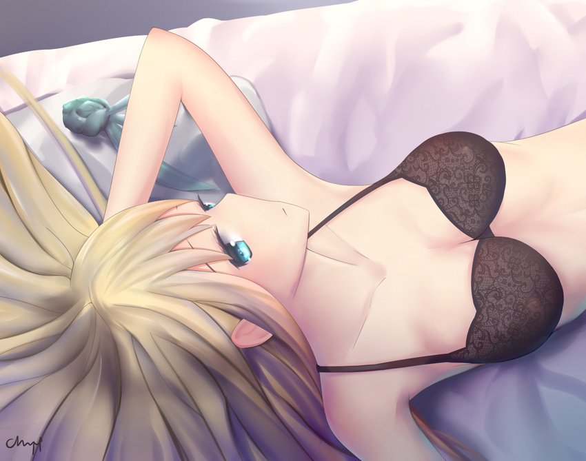 arm_up armpits bed_sheet black_bra blue_eyes bra breasts chyt cleavage closed_mouth collarbone eyelashes hand_on_head highres large_breasts lexington_(zhan_jian_shao_nyu) light long_hair looking_away looking_to_the_side lying on_bed rotated solo underwear upper_body zhan_jian_shao_nyu