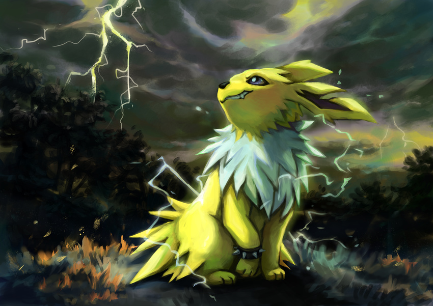 canine claws eeveelution electric erebus fan_character feral fur hi_res invalid_background jolteon lightning male mammal nintendo outside pok&eacute;mon shocking thunder tyma video_games