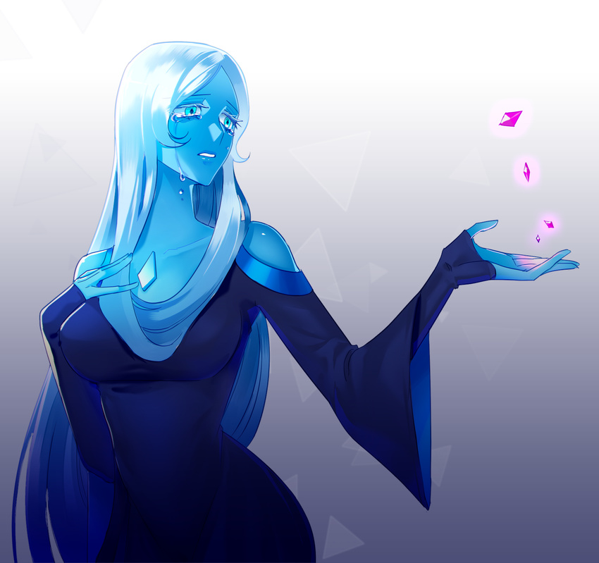 blue_diamond_(steven_universe) blue_dress blue_eyes blue_skin chest_jewel clenched_teeth crying dress gem highres ktsis long_hair outstretched_arm silver_hair solo steven_universe symbol-shaped_pupils tears teeth upper_body very_long_hair wide_sleeves