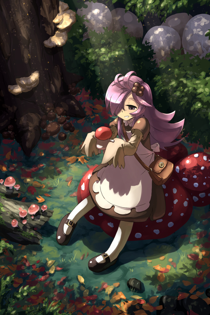 apron bag commentary creature hair_ornament hair_over_one_eye half-closed_eye highres john_su light_rays long_hair mushroom mushroom_girl open_mouth original outdoors purple_eyes purple_hair shoes sitting sitting_on_object sleeves_past_wrists sunbeam sunlight tree