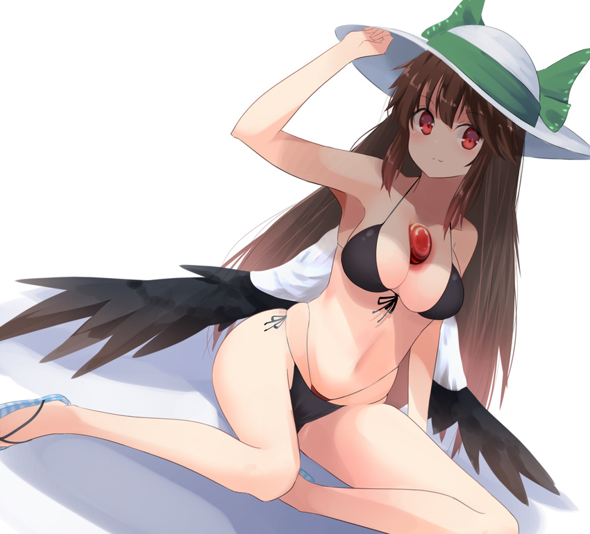 bad_id bad_pixiv_id bikini black_bikini bow breasts brown_hair cleavage front-tie_bikini front-tie_top green_bow halter_top halterneck hat hat_bow highres layered_bikini long_hair looking_at_viewer medium_breasts red_bikini red_eyes reiuji_utsuho sandals side-tie_bikini sitting skindentation solo string_bikini swimsuit third_eye touhou white_hat yusake_san