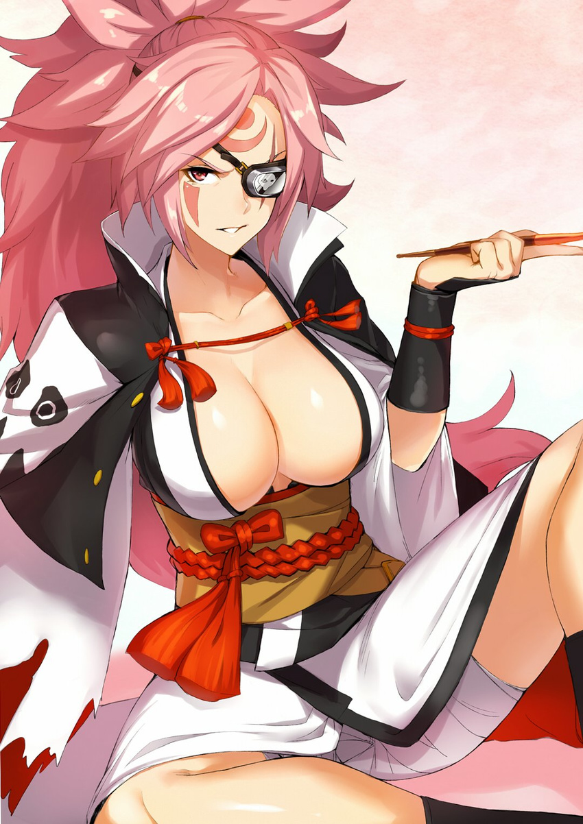 baiken breasts eyepatch facial_tattoo guilty_gear guilty_gear_xrd highres holding holding_pipe huge_breasts kiseru open_clothes open_robe pink_hair pipe ponytail purinnssu red_eyes robe scar scar_across_eye tattoo