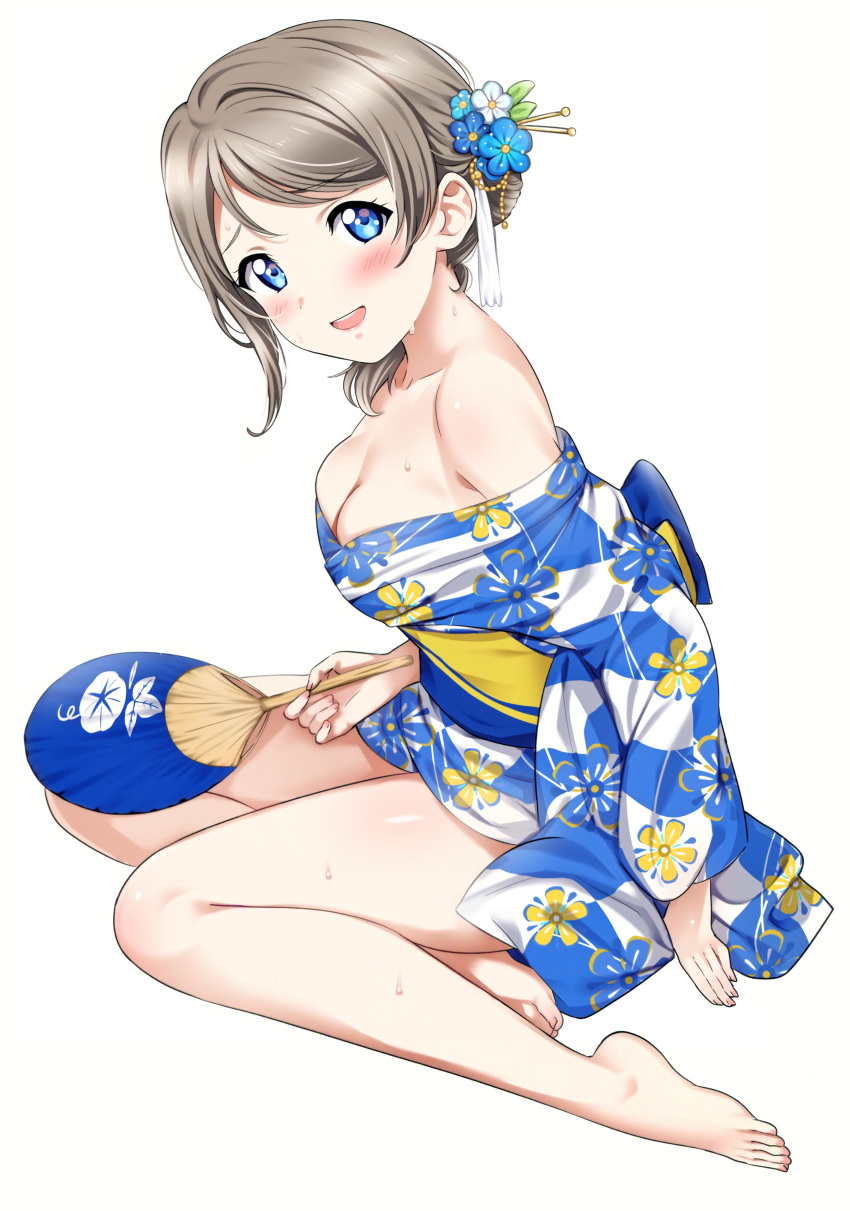 1girl absurdres alternate_hairstyle bangs bare_shoulders barefoot blue_eyes blue_kimono blush breasts cleavage collarbone eyebrows_visible_through_hair fan flower grey_hair hair_between_eyes hair_flower hair_ornament highres japanese_clothes kimono legs looking_at_viewer love_live! love_live!_sunshine!! medium_breasts rozen5 scan short_hair simple_background sitting solo sweat watanabe_you white_background yukata