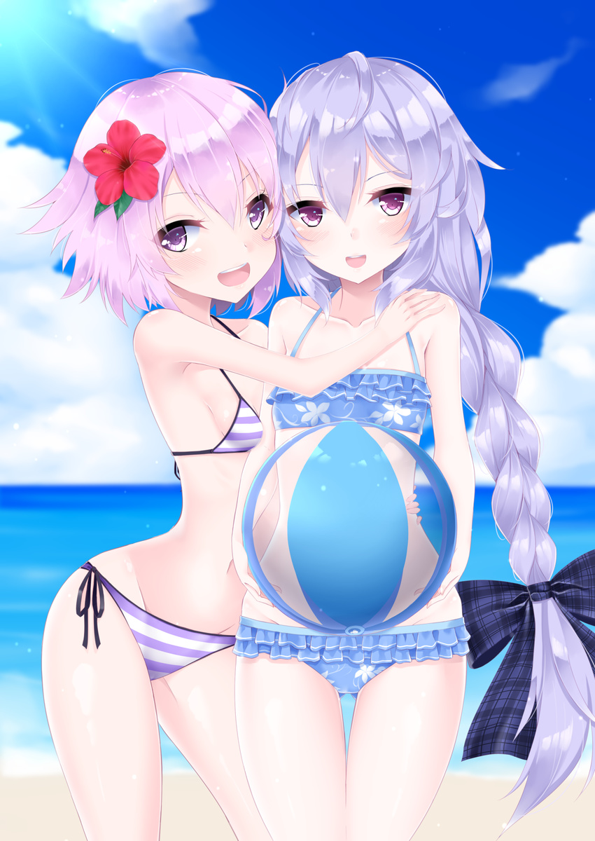 beach blush braid breasts cleavage cowboy_shot day flower groin hair_ornament hair_ribbon highres kami_jigen_game_neptune_v long_hair looking_at_viewer multiple_girls navel neptune_(choujigen_game_neptune) neptune_(series) outdoors pink_hair purple_eyes purple_hair pururut red_eyes ribbon shikapiro shiny shiny_hair shiny_skin short_hair single_braid small_breasts smile stomach swimsuit twintails