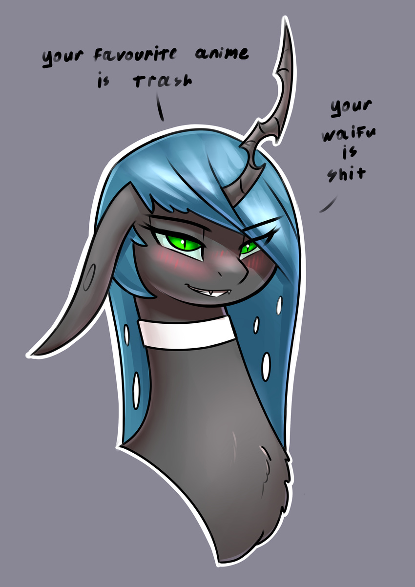 blush changeling collar dialogue english_text fangs friendship_is_magic green_eyes green_hair hair my_little_pony queen_chrysalis_(mlp) solo text underpable