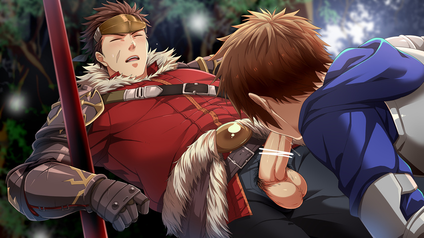 2boys armor blush brown_hair drooling erection fellatio fighter_(granblue_fantasy) gran_(granblue_fantasy) granblue_fantasy hihumi male_focus multiple_boys nature outdoors penis pubic_hair resfrio ryan_(granblue_fantasy) saliva scar staff steam sucking sweat tagme testicles tree weapon wince yaoi