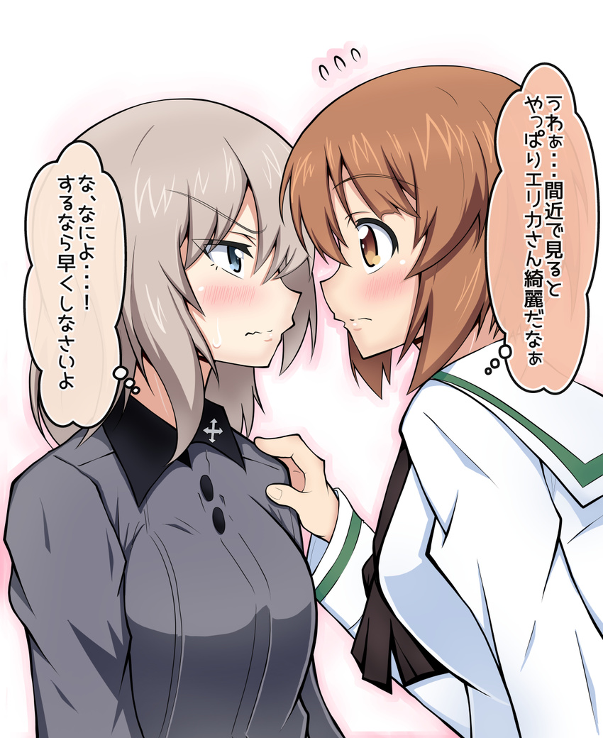 2girls blue_eyes blush breasts brown_eyes brown_hair girls_und_panzer heiden itsumi_erika large_breasts looking_at_another military_uniform multiple_girls nishizumi_miho school_uniform simple_background translation_request white_hair yuri