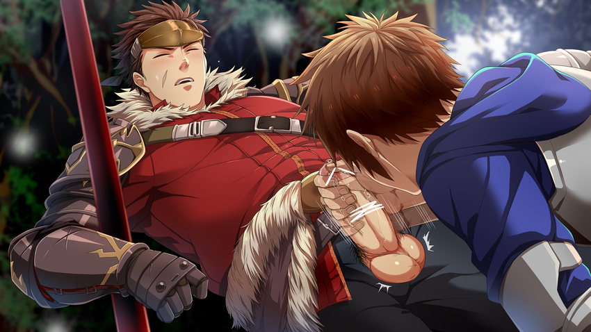 2boys armor blush brown_hair cum erection fighter_(granblue_fantasy) gran_(granblue_fantasy) granblue_fantasy handjob hihumi male_focus multiple_boys nature outdoors penis penis_grab pubic_hair resfrio ryan_(granblue_fantasy) saliva scar staff steam sweat tagme testicles tree weapon wince yaoi