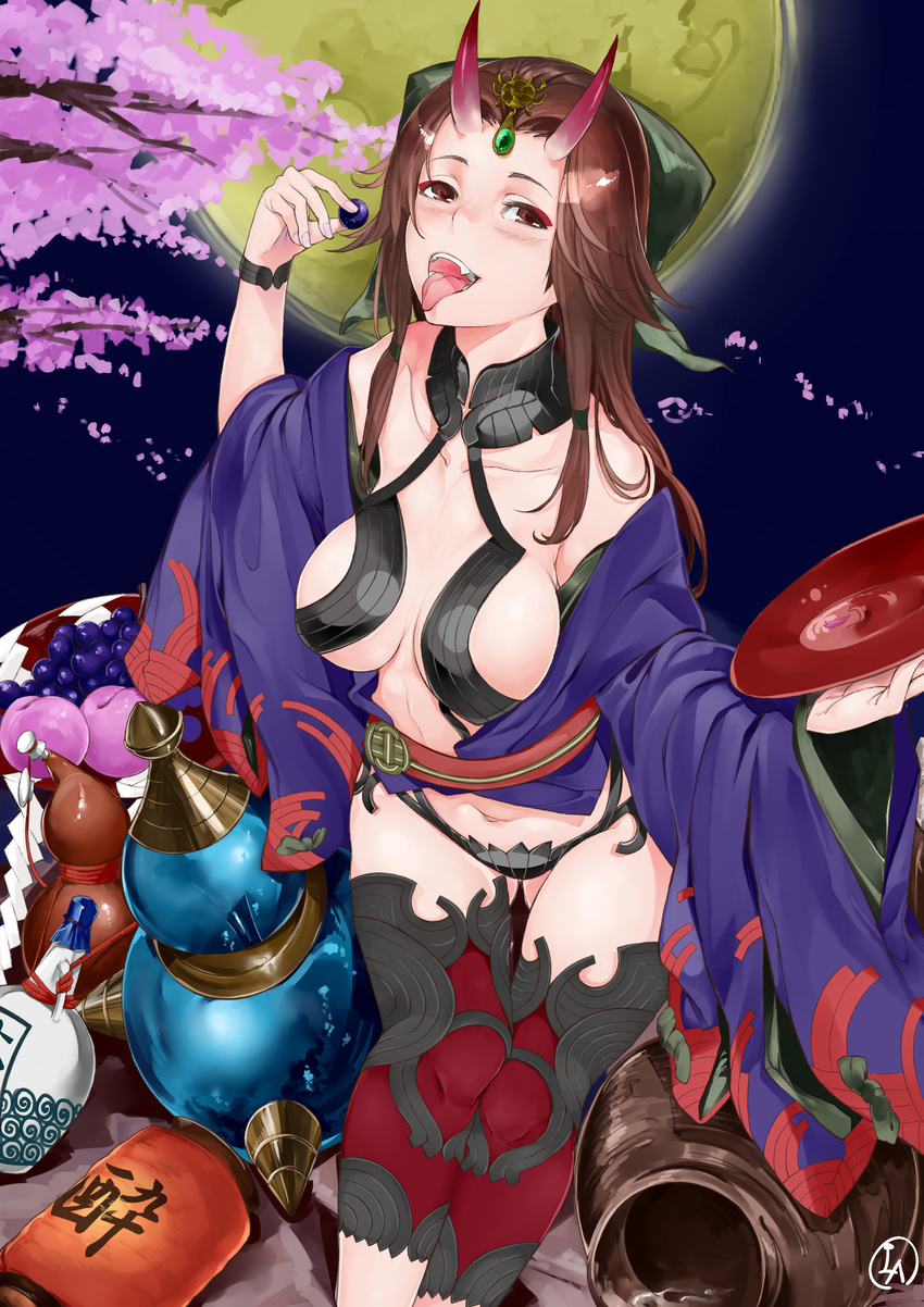 absurdres breasts brown_eyes brown_hair cherry_blossoms cosplay cup fangs fate/grand_order fate_(series) food gourd greaves hair_ornament highres holding holding_cup holding_food horns iapoc japanese_clothes jintsuu_(kantai_collection) kantai_collection kimono lantern large_breasts long_hair moon night off_shoulder oni oni_horns paper_lantern revealing_clothes sakazuki shuten_douji_(fate/grand_order) shuten_douji_(fate/grand_order)_(cosplay) sitting solo tongue tongue_out tree wide_sleeves