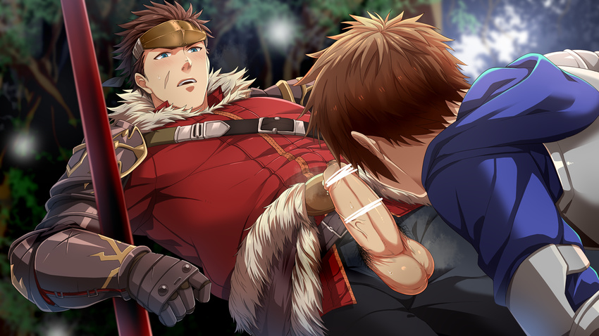 2boys armor blush brown_hair erection fighter_(granblue_fantasy) foreskin gran_(granblue_fantasy) granblue_fantasy hihumi male_focus multiple_boys nature outdoors penis pubic_hair resfrio ryan_(granblue_fantasy) scar staff steam sweat tagme testicles tree weapon yaoi