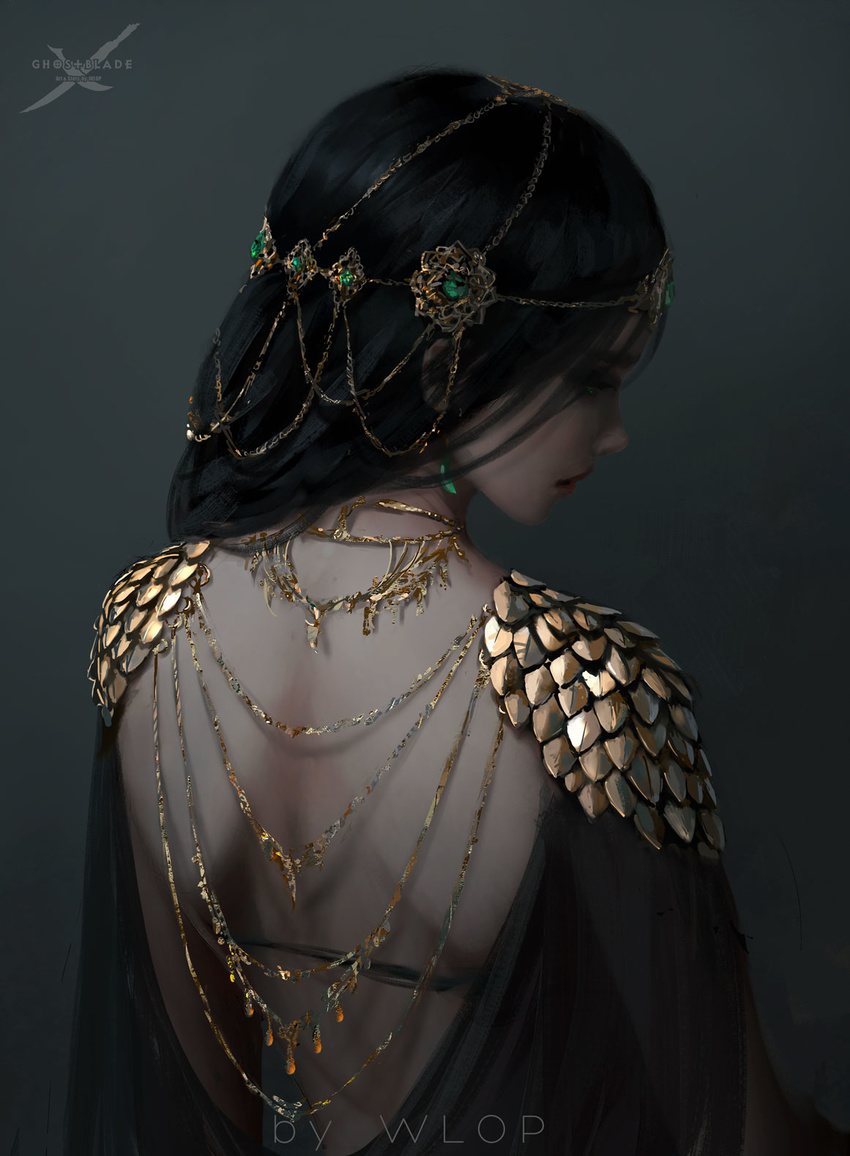 artist_name bare_back black-haired_girl_(wlop) black_hair chain commentary earrings from_behind ghostblade gold_chain highres jewelry long_hair necklace princess_aeolian profile shoulder_pads solo tiara wlop