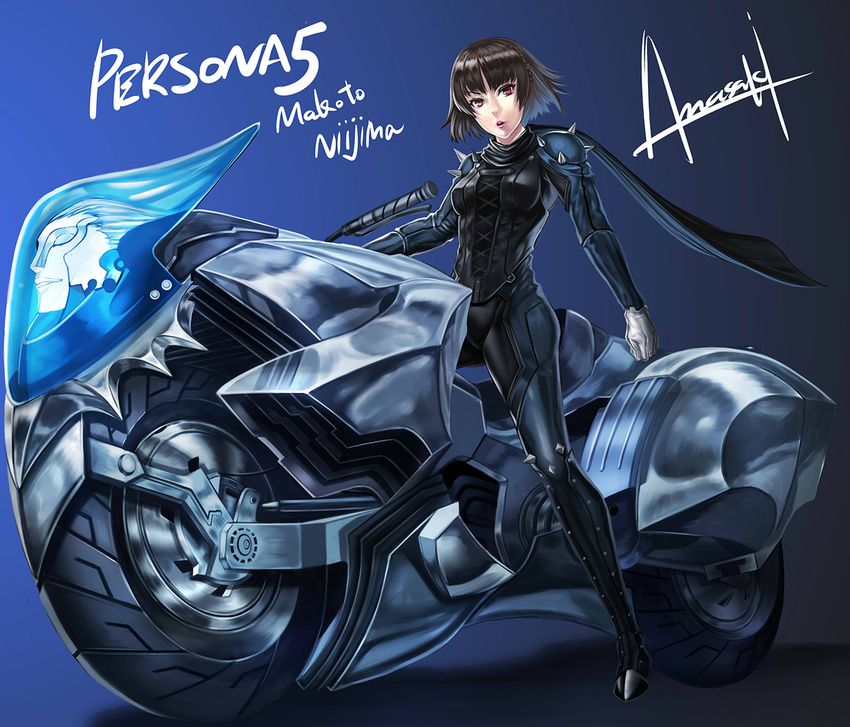 armor artist_name biker_clothes bikesuit bodysuit braid brown_hair character_name copyright_name crown_braid full_body gloves ground_vehicle joanna_(persona_5) lips lipstick looking_at_viewer makeup motor_vehicle motorcycle niijima_makoto no_mask parted_lips persona persona_5 red_eyes scarf short_hair signature solo spikes standing wa-kun