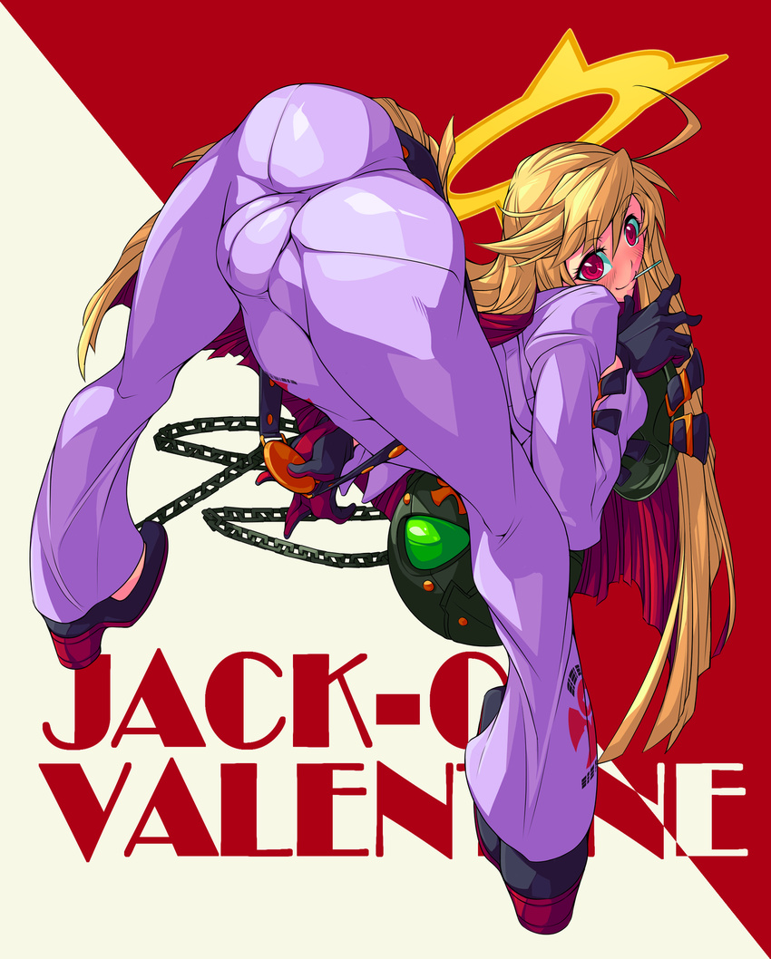 1girl ahoge arc_system_works artist_request ass ball_and_chain ball_and_chain_restraint belt bent_over blonde_hair blush bodysuit cameltoe candy character_name from_behind gloves guilty_gear guilty_gear_xrd guilty_gear_xrd:_revelator halo huge_ass jack-o_(guilty_gear) jack-o_valentine lollipop long_hair looking_at_viewer multicolored_hair pantylines red_eyes red_hair shiny shiny_clothes shiny_hair skin_tight smile solo very_long_hair